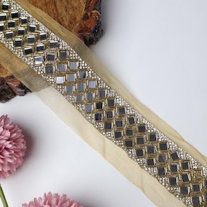 Elegant Golden Mirror Trim, Zircon and Glass Beads Cutwork Sari Border, Wedding dress Embellishments, Indian Dupatta Lace by Yard 4cm Wide