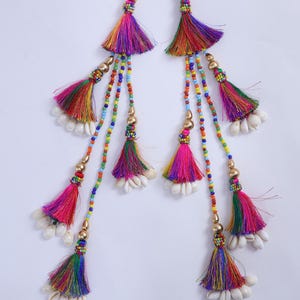 Può includere: Due ornamenti decorativi a nappa con fili dai colori dell'arcobaleno, dettagli dorati e piccole conchiglie bianche. Le nappe sono sospese a fili di perline con perline colorate.