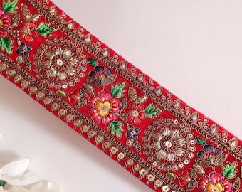 Red Velvet Floral Dress Border Lace: Gold Sequin Indian Sari Trim