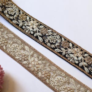 Floral Sari Trim: Black & Creme Threadwork Embroidered Lace - 9 Yards