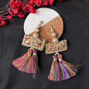 Multi Color Tassel Latkan with Beads, Pearls, Cutdana, Viscose Rainbow Thread, Fringe Tassel for Bridal Indian Lehenga 1 pair 13cm Long