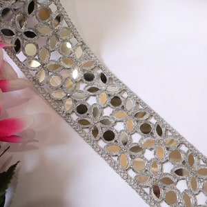 Adorno de espejo de corte simétrico de plata metálica, borde de Sari, adornos de vestido de novia, encaje indio Dupatta Lehenga cortado a un tamaño de 5,5 cm de ancho imagen 1