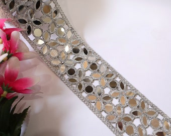 Adorno de espejo de corte simétrico de plata metálica, borde de Sari, adornos de vestido de novia, encaje indio Dupatta Lehenga cortado a un tamaño de 5,5 cm de ancho