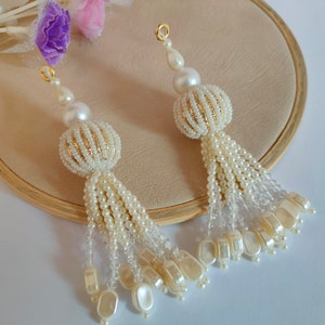 1 Pair Off White Pearl Multi String Crystal Hanging Tassel Latkan, Beaded Indian Bridal Lehenga Dupatta Sari Waist Belt Tassels