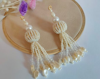 1 par de perlas blancas de múltiples cuerdas de cristal colgante borla Latkan, cuentas indias nupciales Lehenga Dupatta Sari cinturón borlas