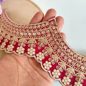 Maroon Embroidered Scallop Lace: Zari Sari Border, Wedding Dress Trim (7 Yards)