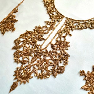 Antique Golden Embroidered Neckline Sew on Patch with Sleeves, Indian Brasswork Zardozi Patch for DIY Dress Sari Suit Lehenga Sewing
