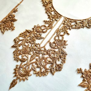 Antique Golden Embroidered Neckline Sew on Patch with Sleeves, Indian Brasswork Zardozi Patch for DIY Dress Sari Suit Lehenga Sewing