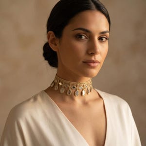 May include: A woman wearing a beige choker necklace with oval-shaped, reflective embellishments. The necklace is made of woven material and sits close to the neck. The woman is wearing a cream-coloured top.