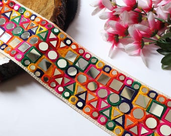 Bohemian Mirror Lace Trim: Colorful Indian Embroidered Border (9cm)