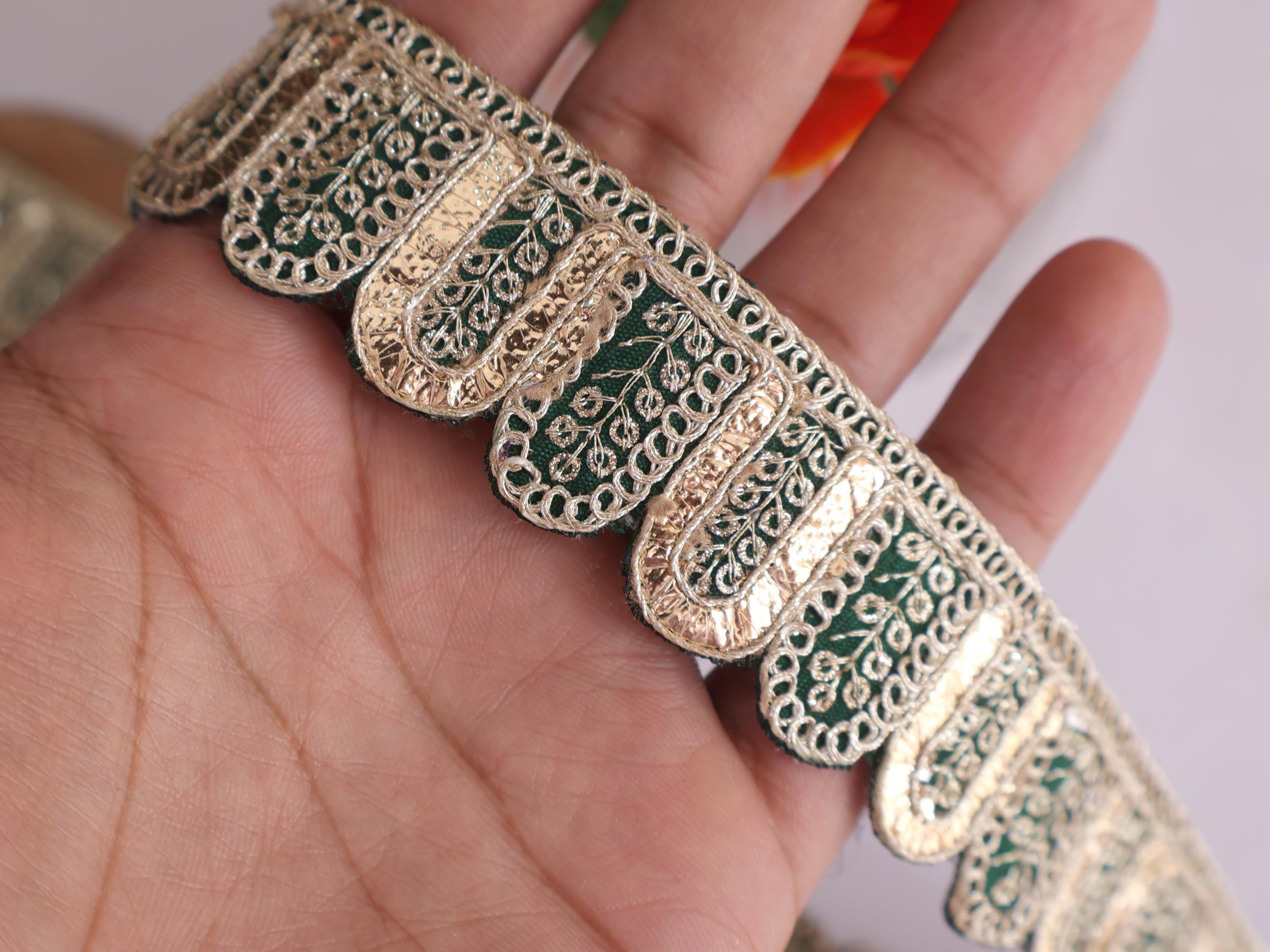 Rama Green Scalloped Lace Trim: Golden Gota Patti Embroidered Sari ...