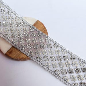 Silver Embroidered Trim Lace: Zircon, Pearl, Zari Sari Border - 5cm Wide