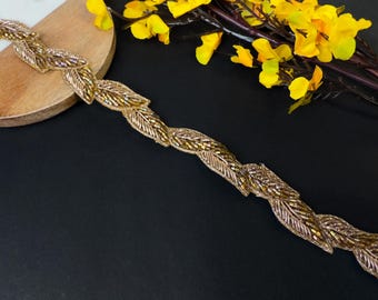 Antique Gold Zardozi Embroidered Vine Trim: Indian Sari Gown Embellishment