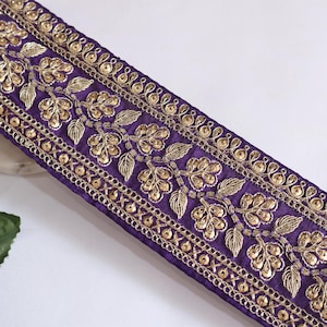 9 Yards - Purple & Golden Zari Floral Embroidered Lace, Border Trim, Fancy Sari Dupatta Lehenga Dress Trim 7 Cm
