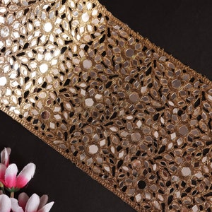 Broad Antique Gold Mirrorwork Lace Border, Cutwork Glass Border for Lehenga, Denim, Plazo, Wedding Dress Embellishments, Wall Decor 20cm