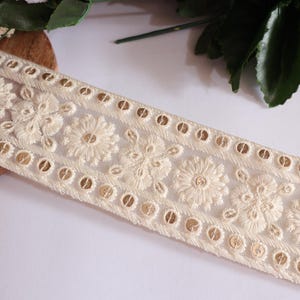 White Embroidered Lace Trim: Golden Sequin Sari Border, 8 Yards