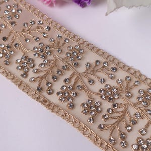 Golden Embroidered Zircon Vine Trim: Indian Sari Border, 6cm Wide