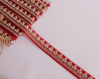 Encaje Estrecho con Borde de Circón Rojo, Cinta de Borde de Sari Indio, Encaje de Adorno para Manualidades de Costura DIY para Dupatta, Traje, Decoración 1,5 cm de Ancho 9 Yardas