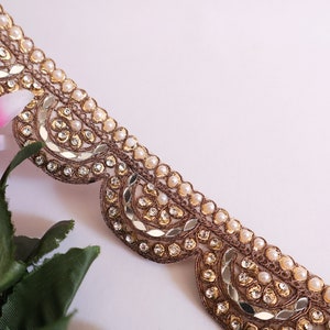 Antique Gold Pearl Zircon & Mirror Gota Patti Scallop Trim Border, Indian Embroidered Sari Lace, Wedding Sash Supply Lehenga Lace 3.5cm