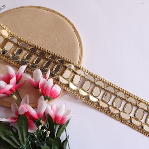 Antique Golden Symmetric Cutwork Mirror Trim, Sari Border, Wedding Dress Embellishments, Indian Dupatta Lehenga Lace by Yard 4.5cm Wide