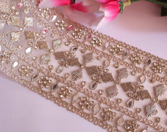 Elegant Clear Gold Net Zari Embroidered Border, Premium Sari Border, Indian Wedding Dress Embellishments, DIY Sewing Crafting - 9cm by Yard