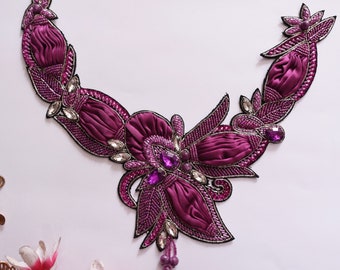 Cuentas de color púrpura vino de lujo y apliques hechos a mano de cristal para coser en parche, parche bordado de cuentas de vidrio para prendas de bricolaje, vestidos de lujo victorianos
