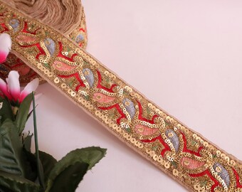 Red & Gold Sequin Floral Dress Border Lace: Indian Sari Trim