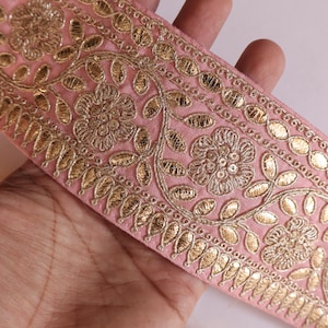 Baby Pink & Golden Gota Embellished Sequin Zari Embroidered Lace Border, Colorful Indian Lace Trim, Sari Lehenga Bridal Dress 7.5 cm Wide