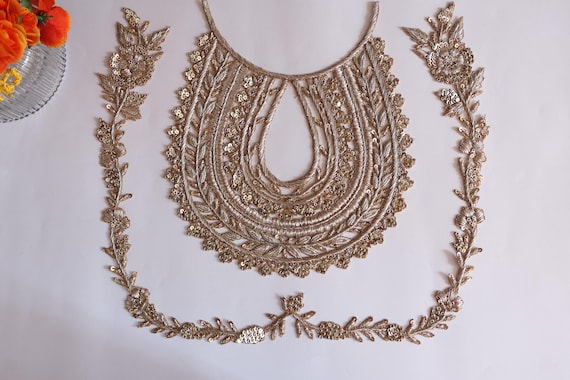 Embroidered Golden Neckline Patch With Vine Trim: Indian Zardozi