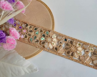 Adorno de espejo con patrón floral de oro rosa de 2,8 yardas, borde de sari de espejos reales, adornos de vestido de novia, encaje Dupatta indio cortado a medida