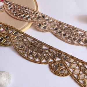 3 yards - Antique Gold/ Rose Gold Scalloped Mirror Trim, Glamourous Sari Border, Indian Bollywood Lace, Border for Waist Belts, Neck Pieces