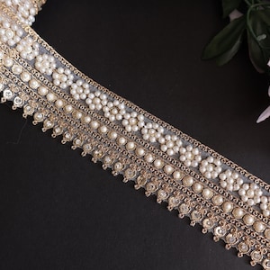 Pearl & Zari Embroidered Trim: Indian Sari Border (4.5 cm Wide)