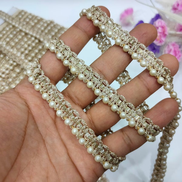 9 Yards - Narrow Beaded Pearl Antique Golden Indian Trim Lace, Dupatta Saree Suit Border Ribbon Lace, Indian Embroidered Lace, DIY Sewing