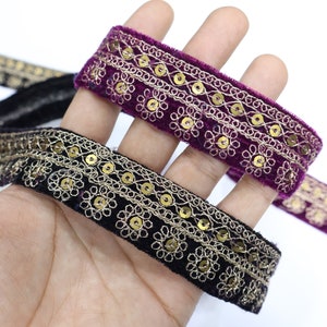 Purple Velvet Sequin Lace Trim: Indian Embroidered Zari Border (9 Yards)