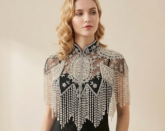 Capa bordada con perlas en blanco y negro: encogimiento de hombros para bodas de noche
