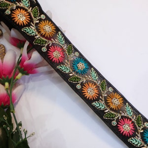 Black Net Lace Trim: Colorful Floral Embroidery, Indian Sari Border (2.5 cm Wide)