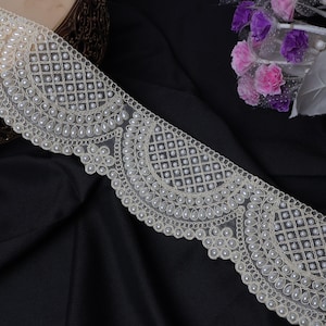 Scallop Off White Pearl Embellished Indian Trim, Indian Sari Lace, Fancy Border for DIY Sewing, Crafting, Decoration 8 cm Wide