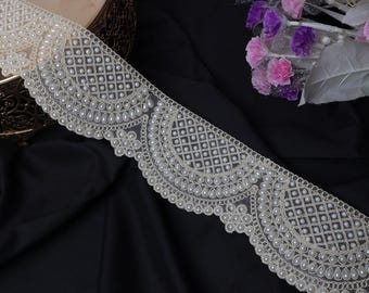 Pearl Embellished Indian Trim: Scalloped Sari Lace, DIY Sewing Border (8 cm Wide)