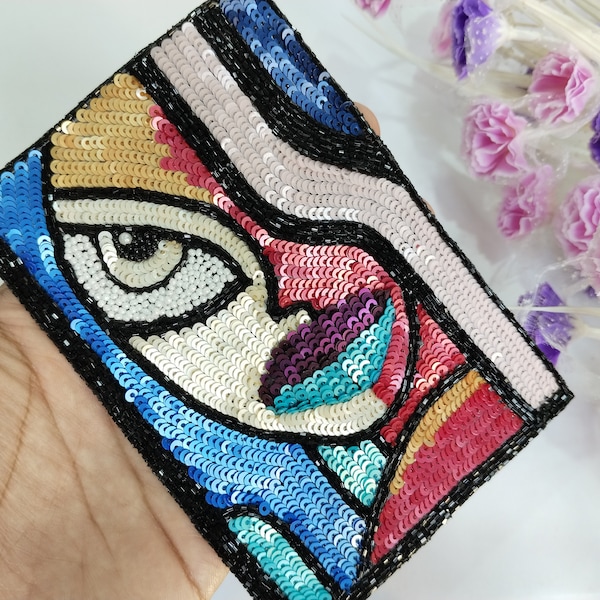 Paillettes colorées modernes abstraites fabriquées à la main indiennes brodées à coudre sur patch, patch de poche pour denim, jeans, robes de créateurs