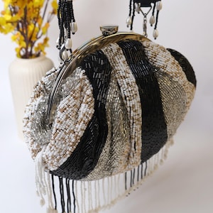 Beadwork Tassels Clutch: Silver & Black Bridal Handbag