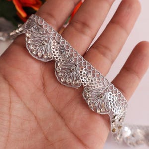 Beautiful Silver Scallop Sequin and Zircon Embroidered Indian Saree Dupatta Trim, Mirror Trim, Cutwork Sari Border, Gown Embellishment