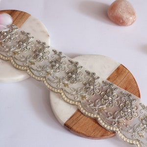 Floral Scallop Embroidered Lace Trim: Indian Sari Border, Wedding Dress Embellishment