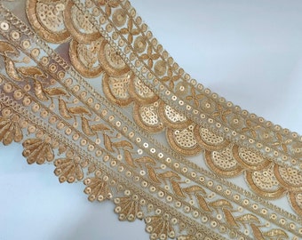 Gold Broad Sequin Embroidered Border, Cutwork Sari Border, Indian Wedding Dress Embellishments, DIY Sewing Crafting - 15cm