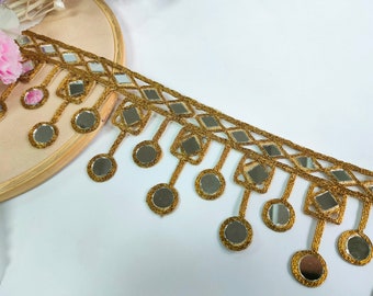 Adorno de espejo simétrico de oro oscuro, borde de sari suspendido cutwork, adornos de vestido de novia, encaje indio Dupatta Lehenga de 7,5 cm de ancho
