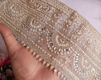 1 iarda di specchio color crema e bordo di perle, indiano Zari ricamato con paillettes perle Zardozi bordo in pizzo, abito da sposa in pizzo largo 15 cm