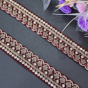 Lindo Zari Marrom Escuro Bordado Lantejoula Guarnição Vine, Elegante Vestido de Noiva Enfeite Renda, Borda Sari Indiano Recortada - 9 Jardas