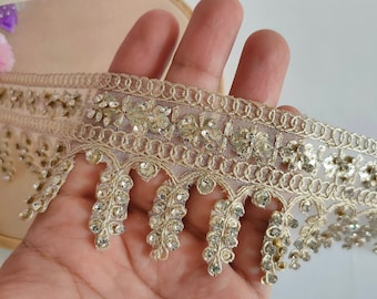 Borde de circón con flecos suspendidos en oro claro, encaje sari de corte indio, adornos de vestido de novia, encaje indio Dupatta Lehenga