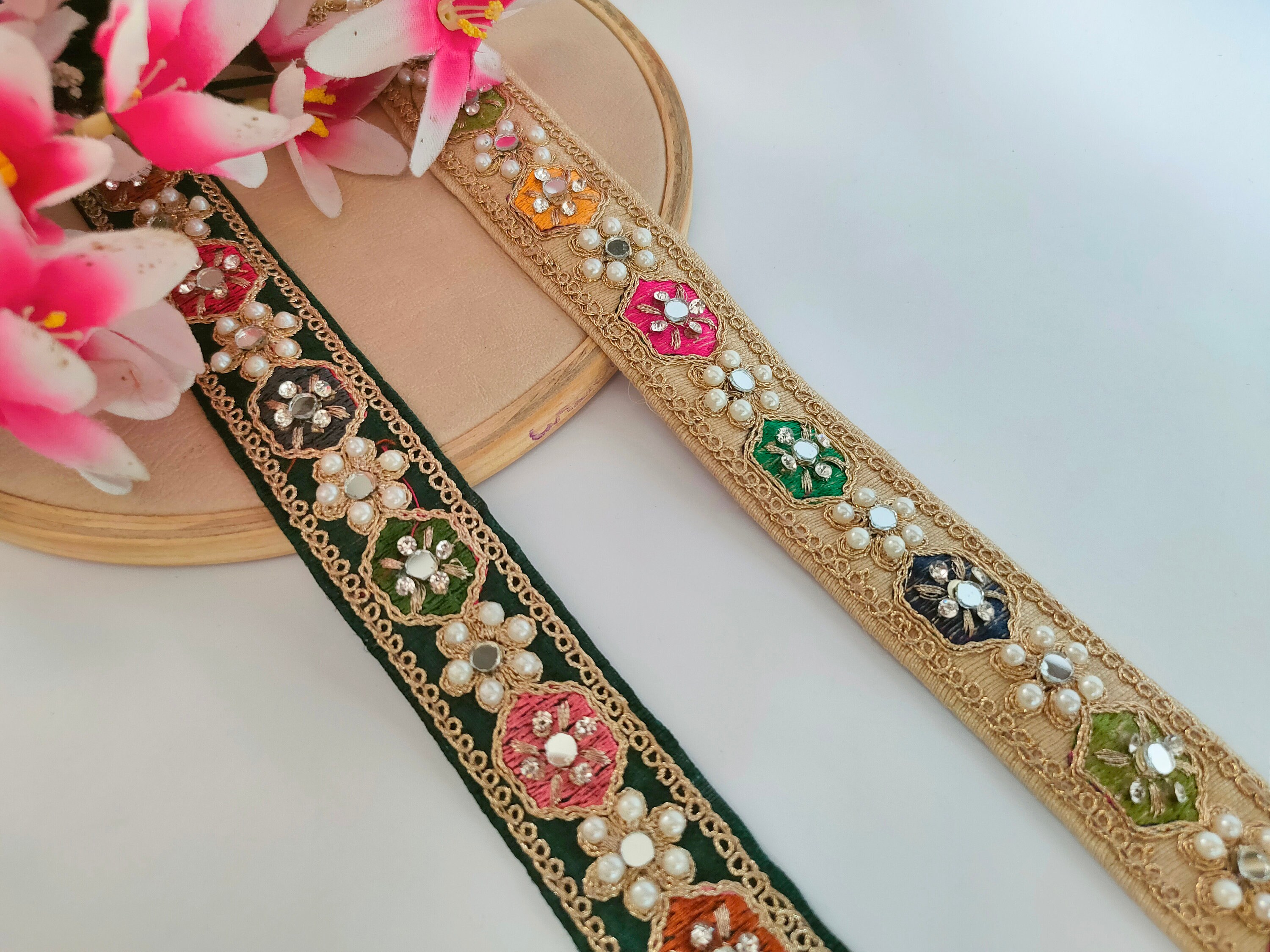3 Yards Indian Saree Border Lace: Rama Green, Gold, Pearl & Mirror Trim ...