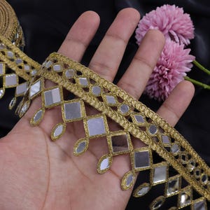 Brown Gold Suspended Designer Mirror Trim, Indian Mirror Border, Borde Espejo, DIY Waist Belt, Choker Trim Lace, Decorative Lace 6.5cm Wide