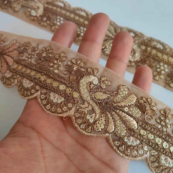 Antique Gold Peacock Zardozi Indian Embroidered Trim, Scalloped Zari Net Fabric Sari Lehenga Gown Dress Lace, 5.5 Cm Wide